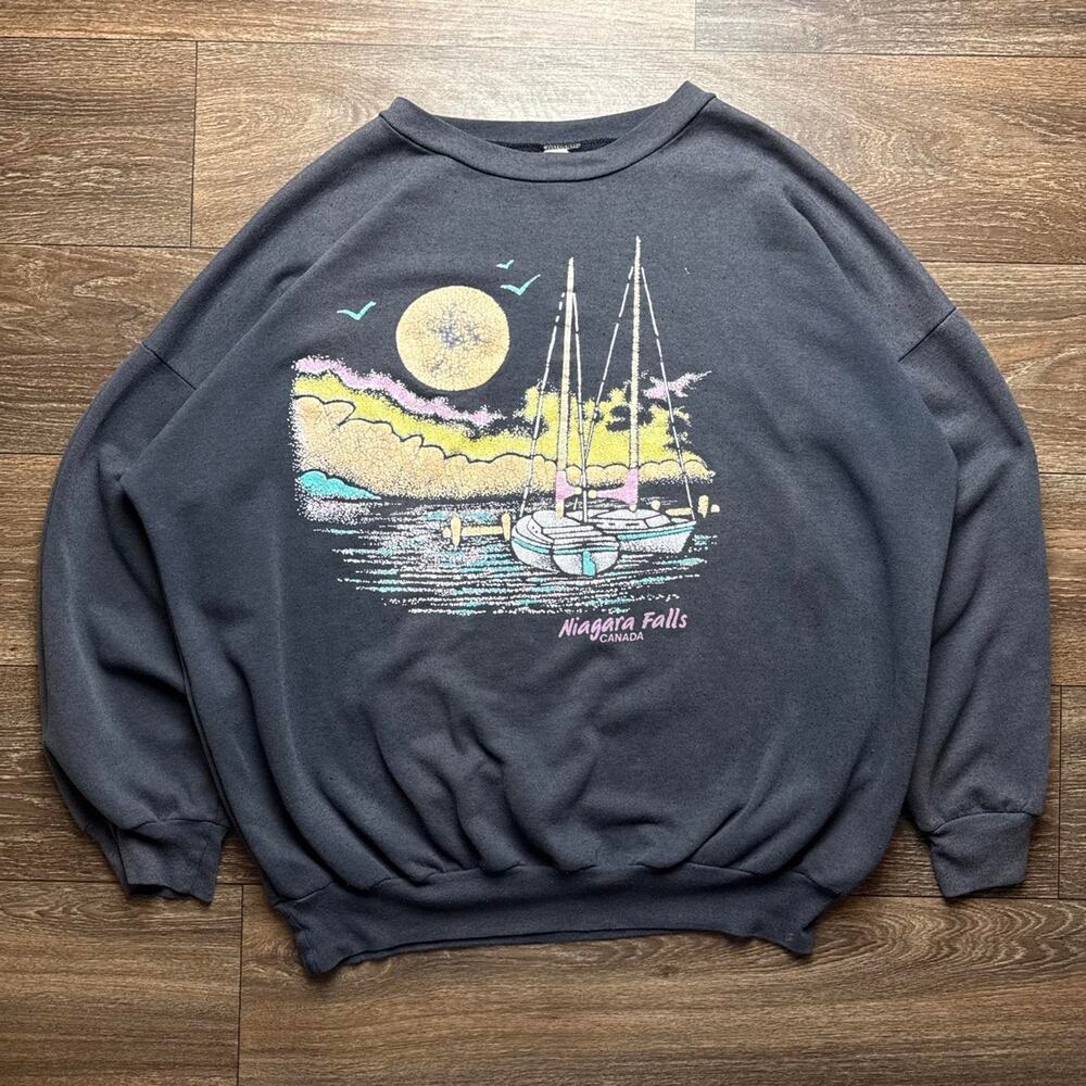 Vintage 1990s Black Sun Faded Niagara Falls Canada Moon Sailboat Sweatshirt